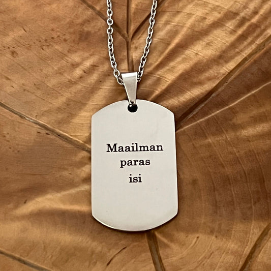 Teräslaatta kaulakoru omalla tekstillä