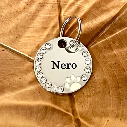 Koiran pyöreä kimalle nimilaatta